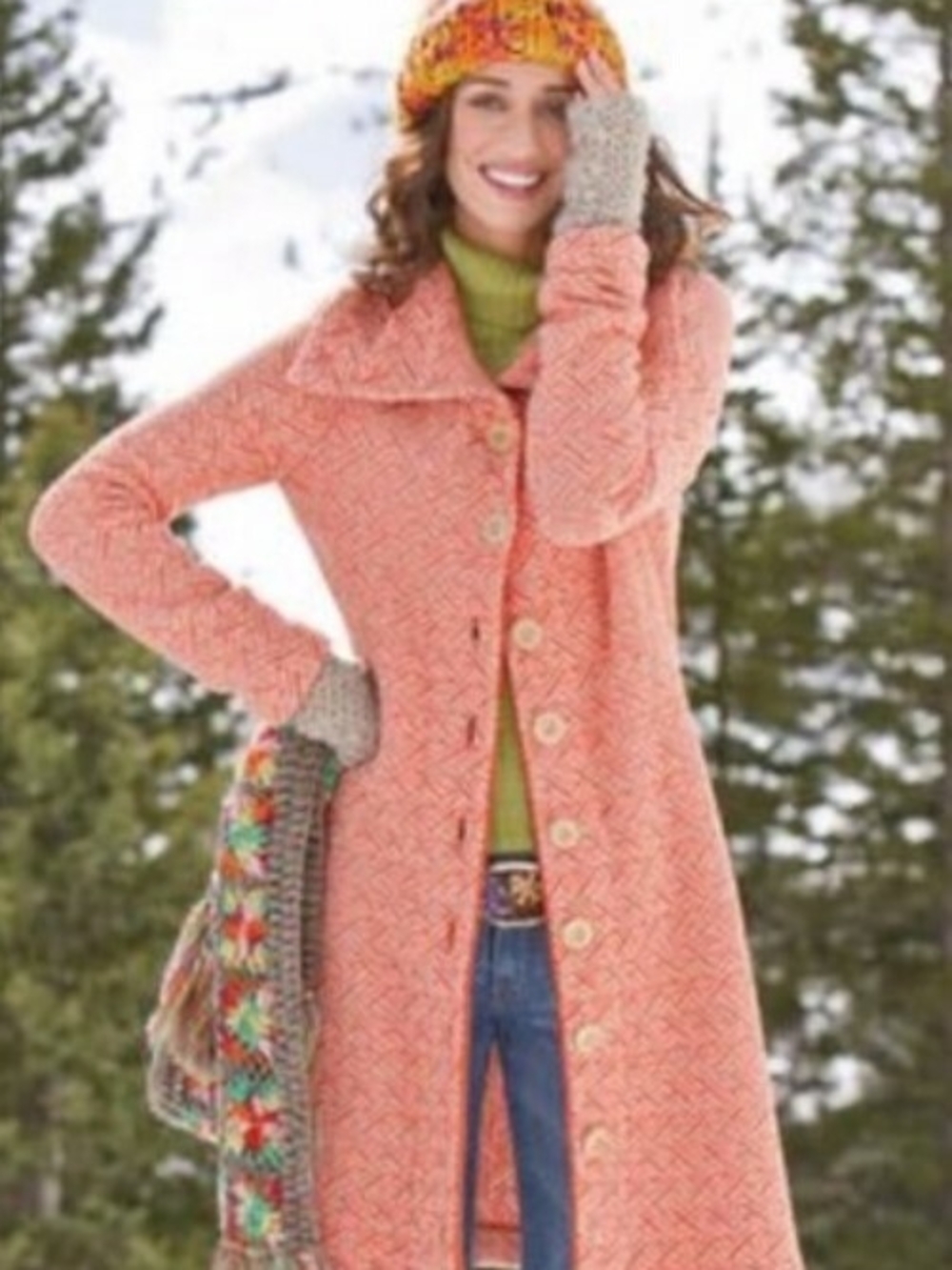 Sundance DANIKA  Long Knit Button-Front Cardigan Coat - CORAL/CREAM XL